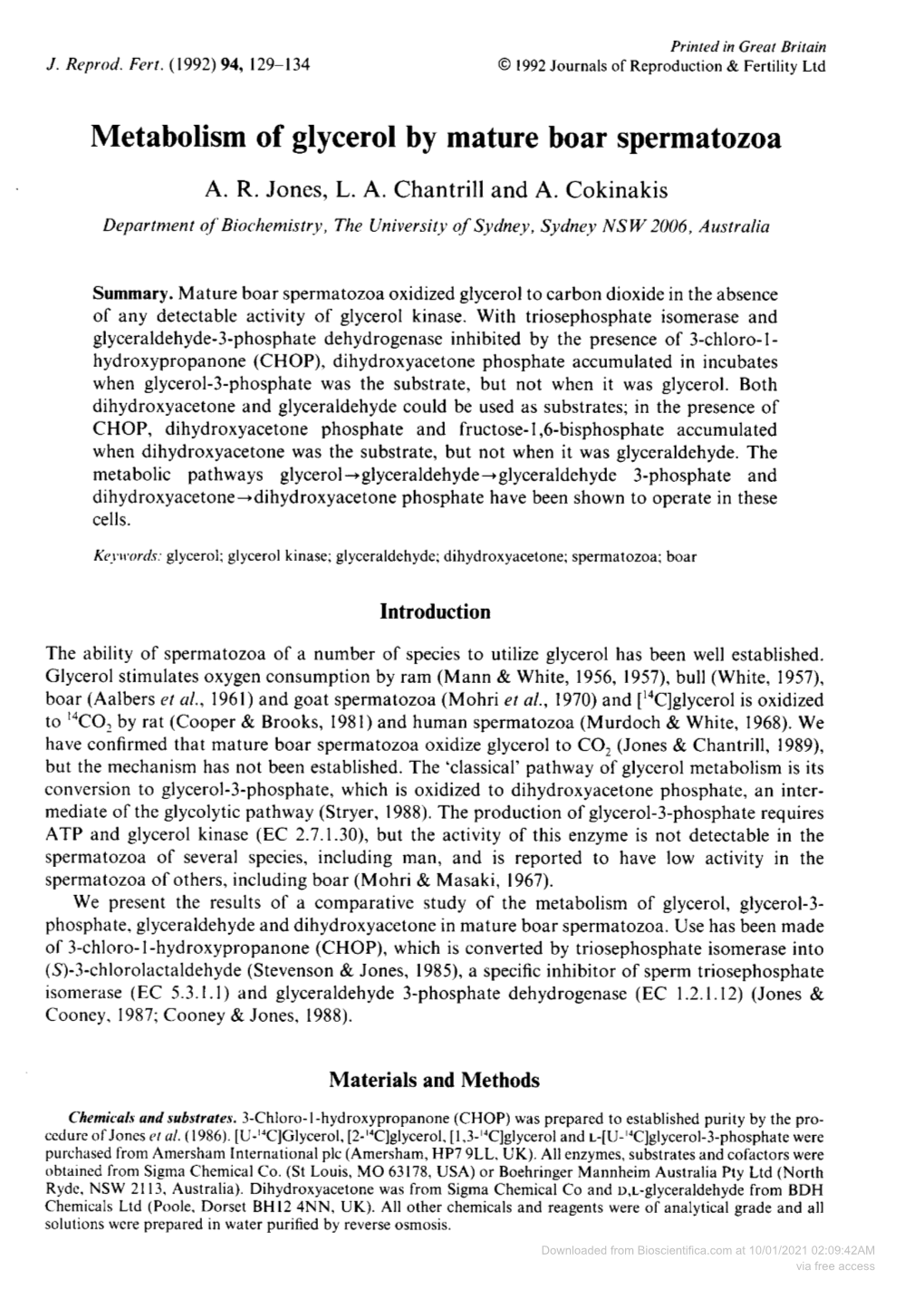 Metabolism of Glycerol by Mature Boar Spermatozoa A