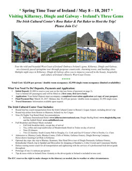 Spring Time Tour of Ireland / May 8 – 18, 2017 * Visiting Killarney, Dingle