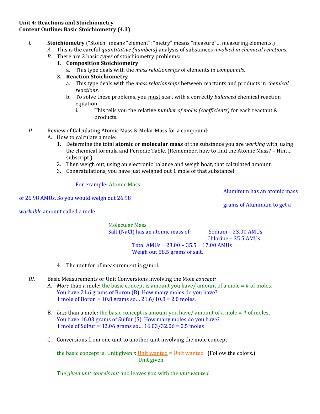 Unit 4: Reactions and Stoichiometry