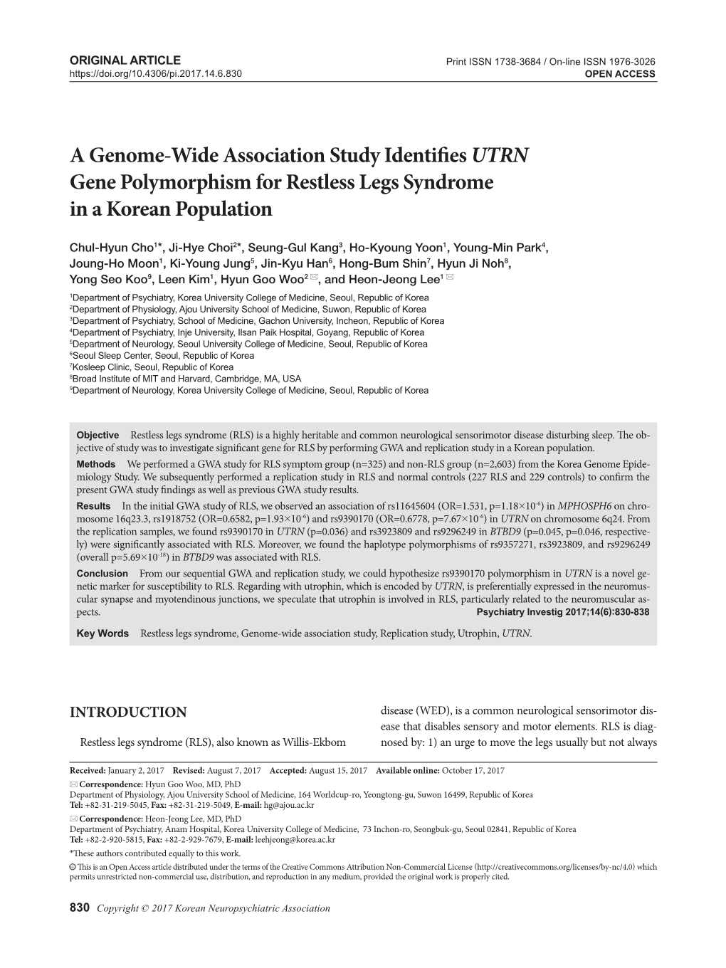 A Genome-Wide Association Study Identifies UTRN Gene Polymorphism for Restless Legs Syndrome in a Korean Population