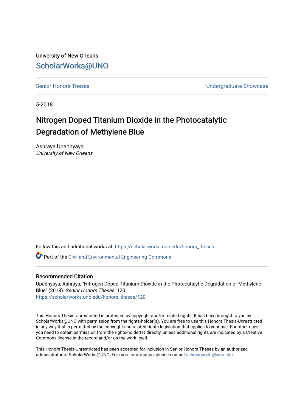 Nitrogen Doped Titanium Dioxide in the Photocatalytic Degradation of Methylene Blue