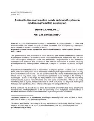 Ancient Indian Mathematics Needs an Honorific Place in Modern Mathematics Celebration