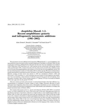 Amphibia Mundi. 1.2. Recent Amphibians: Generic and Infrageneric Taxonomic Additions (1981-2002)