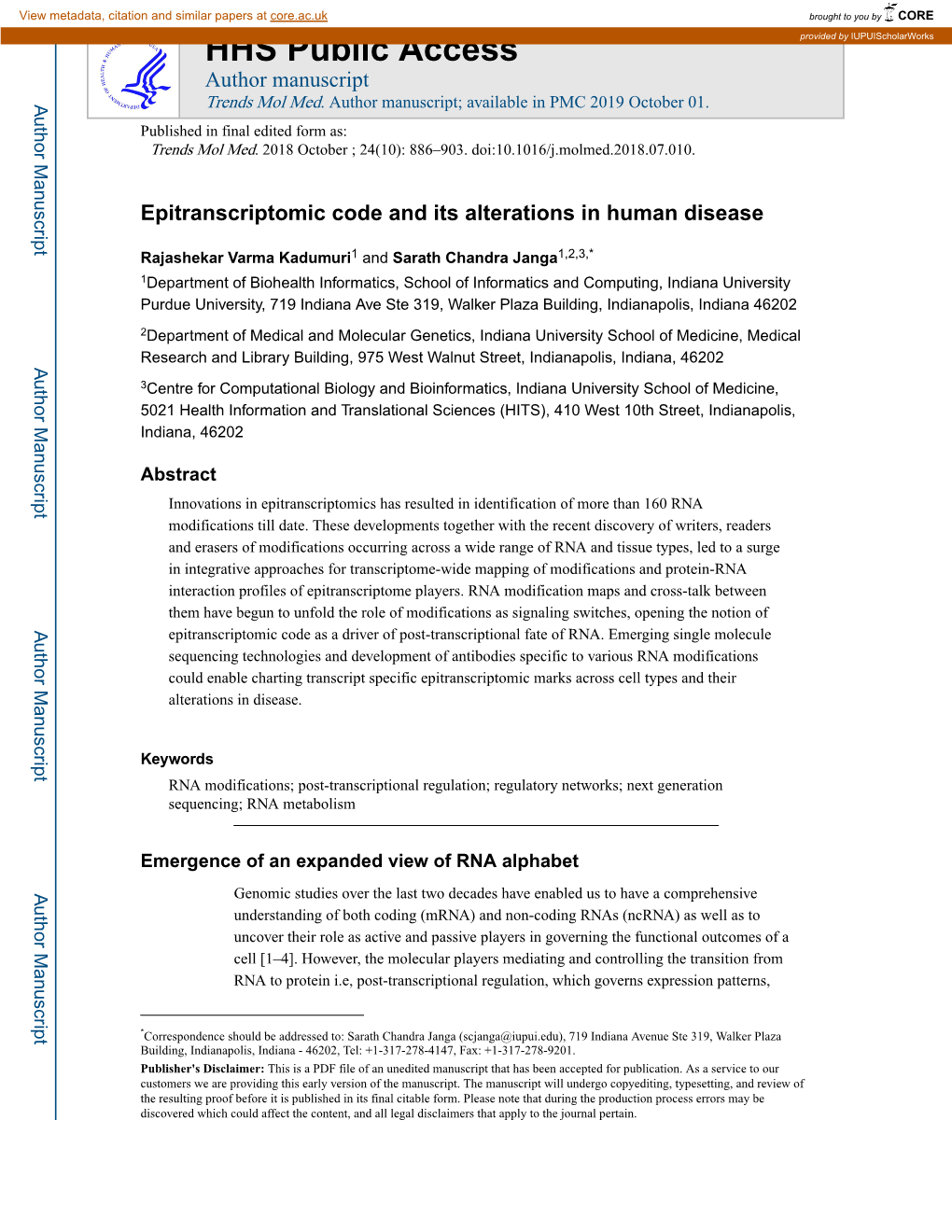 Epitranscriptomic Code and Its Alterations in Human Disease