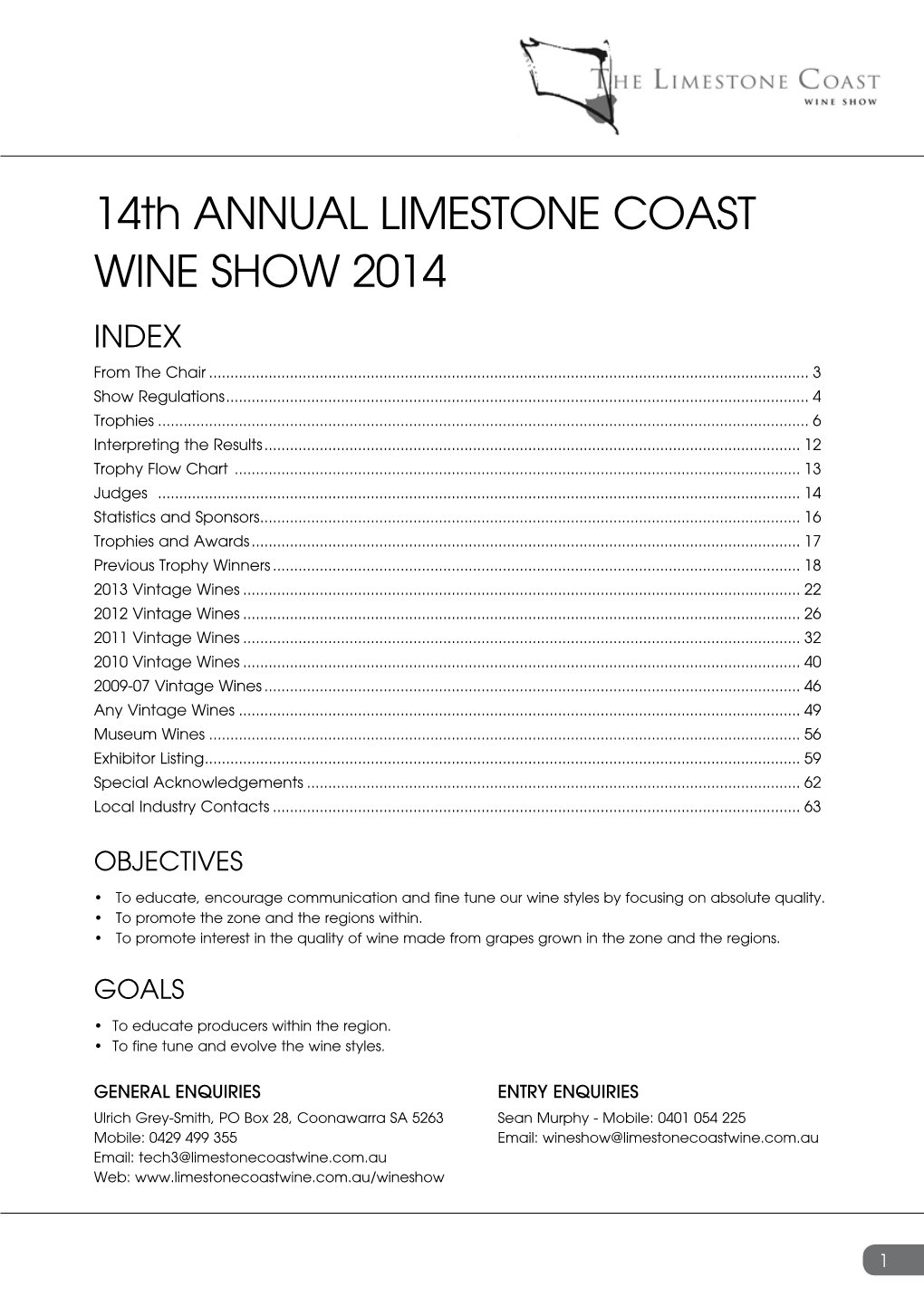 14Th Annual Limestone Coast Wine Show 2014 Index from the Chair