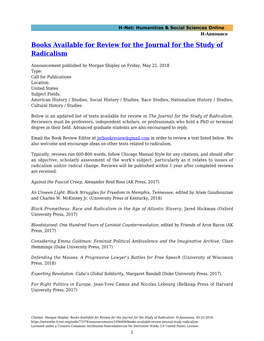 Books Available for Review for the Journal for the Study of Radicalism