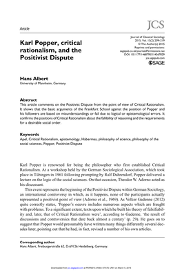 Karl Popper, Critical Rationalism, and the Positivist Dispute