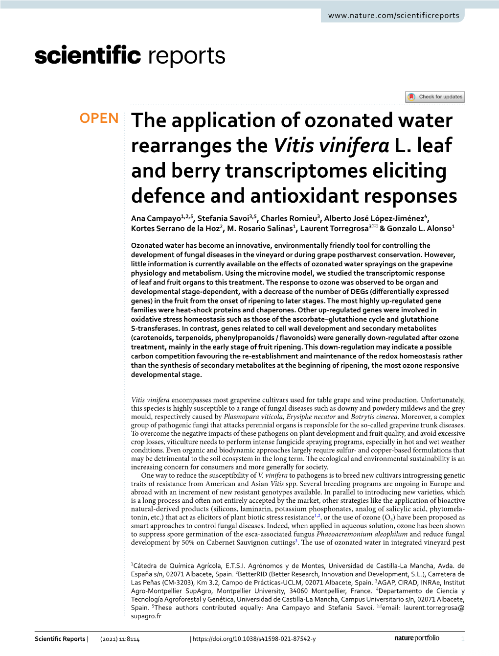 The Application of Ozonated Water Rearranges the Vitis Vinifera L. Leaf and Berry Transcriptomes Eliciting Defence and Antioxida