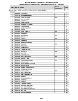 KERALA UNIVERSITY of FISHERIES and OCEAN STUDIES Revised Ranklist of the PG Entrance Examination Conducted on 27/06/2020 Special Sl.No