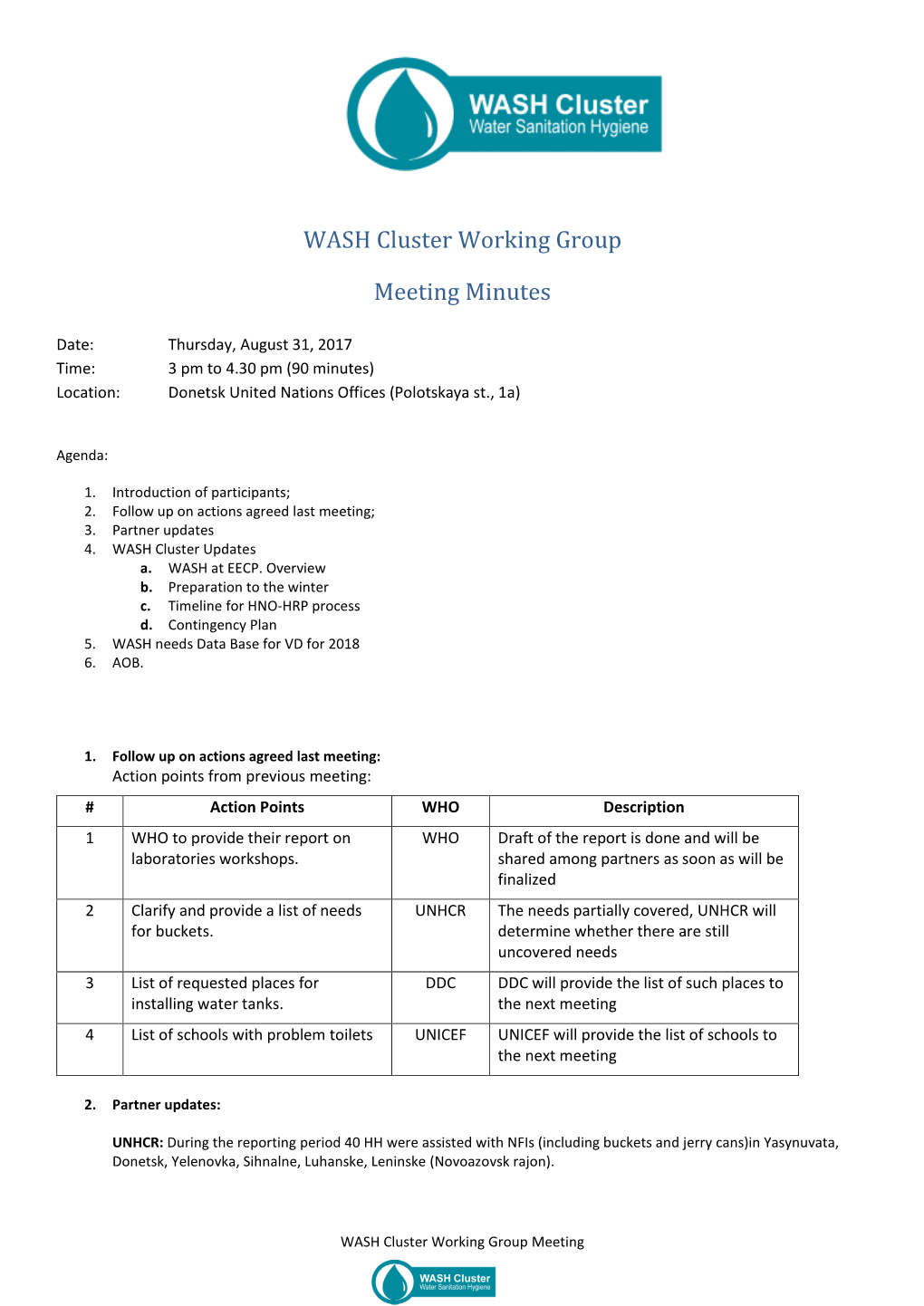 WASH Cluster Working Group Meeting Minutes