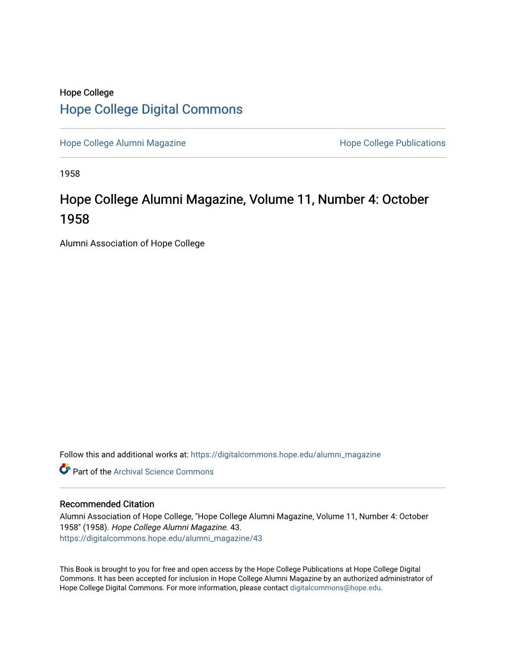 Hope College Alumni Magazine, Volume 11, Number 4: October 1958