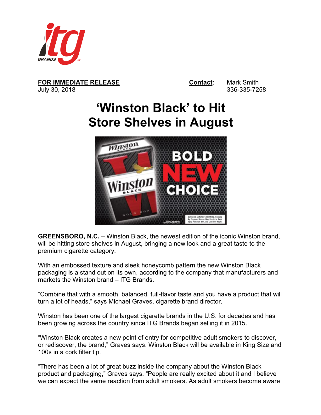 'Winston Black' to Hit Store Shelves in August