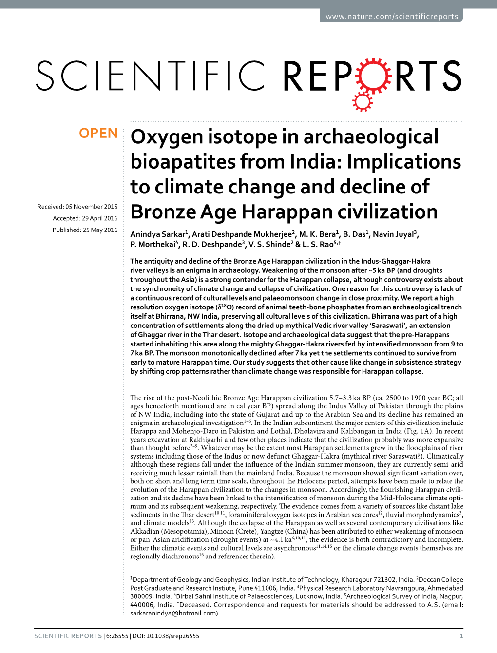 Oxygen Isotope in Archaeological Bioapatites from India