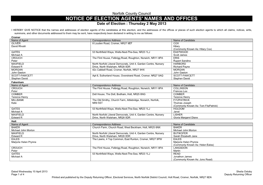 NOTICE of ELECTION AGENTS' NAMES and OFFICES Date of Election : Thursday 2 May 2013