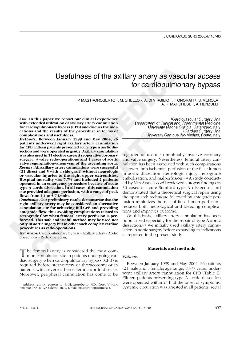 Usefulness of the Axillary Artery As Vascular Access for Cardiopulmonary Bypass