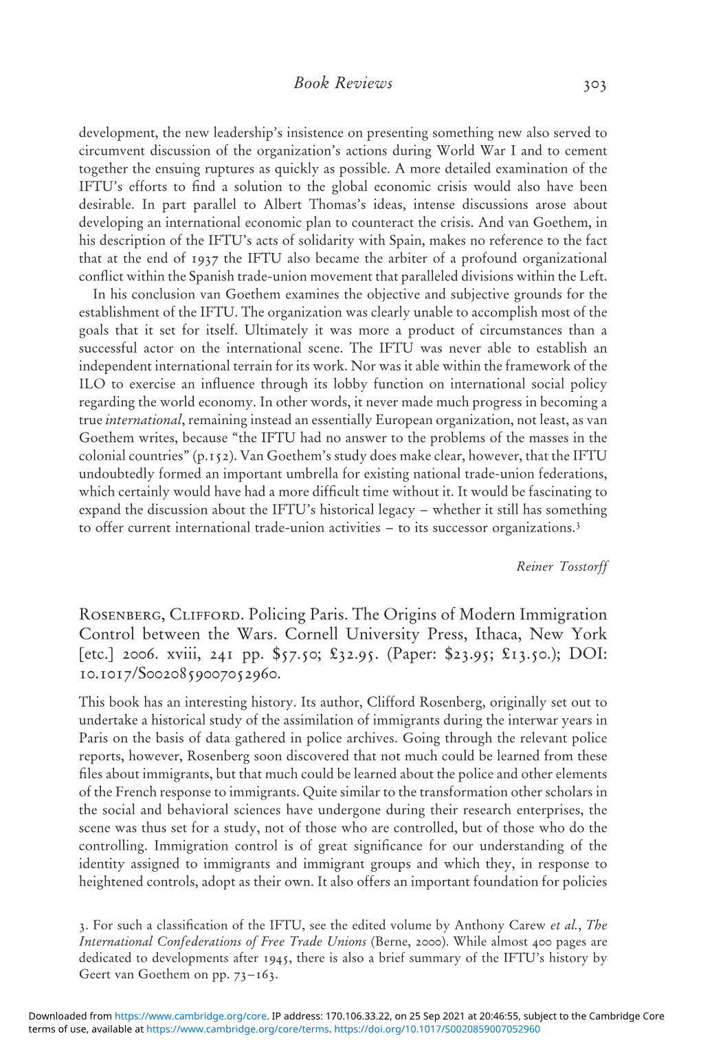 Rosenberg, Clifford. Policing Paris. the Origins of Modern Immigration Control Between the Wars