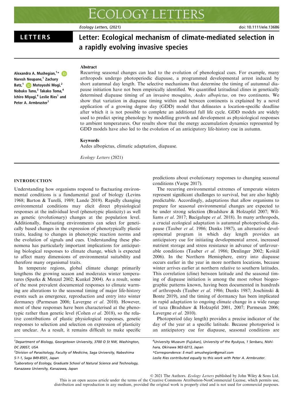 Letter: Ecological Mechanism of Climate‐Mediated Selection in A