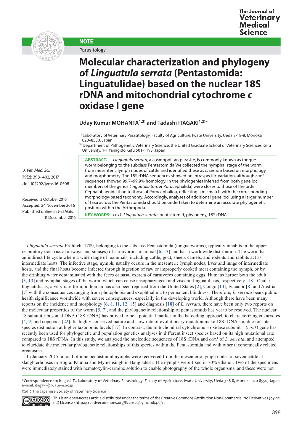 Molecular Characterization and Phylogeny of Linguatula Serrata