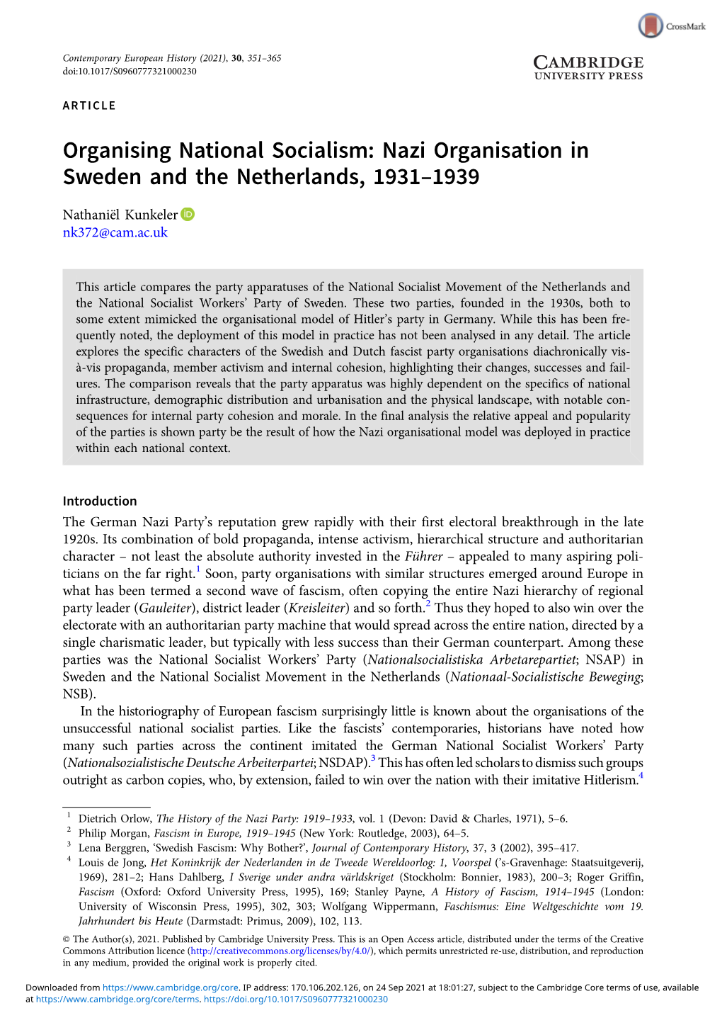 Organising National Socialism: Nazi Organisation in Sweden and the Netherlands, 1931–1939