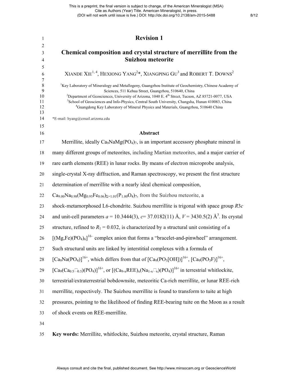 Revision 1 Chemical Composition and Crystal Structure of Merrillite from The