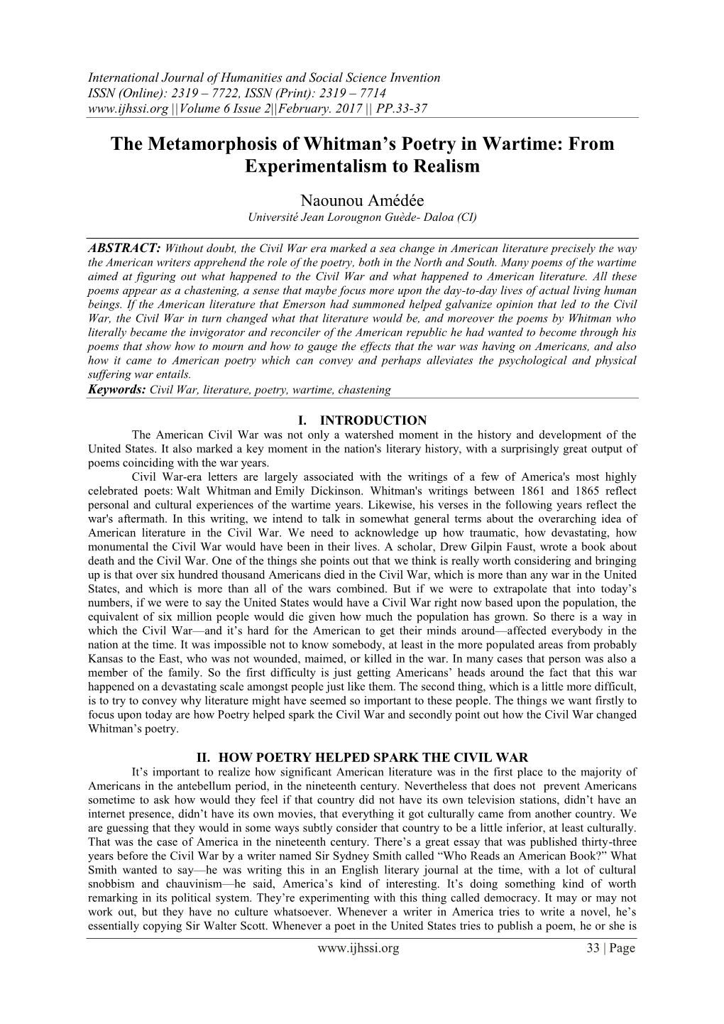 The Metamorphosis of Whitman's Poetry in Wartime: From