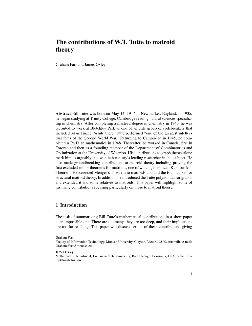 The Contributions of W.T. Tutte to Matroid Theory