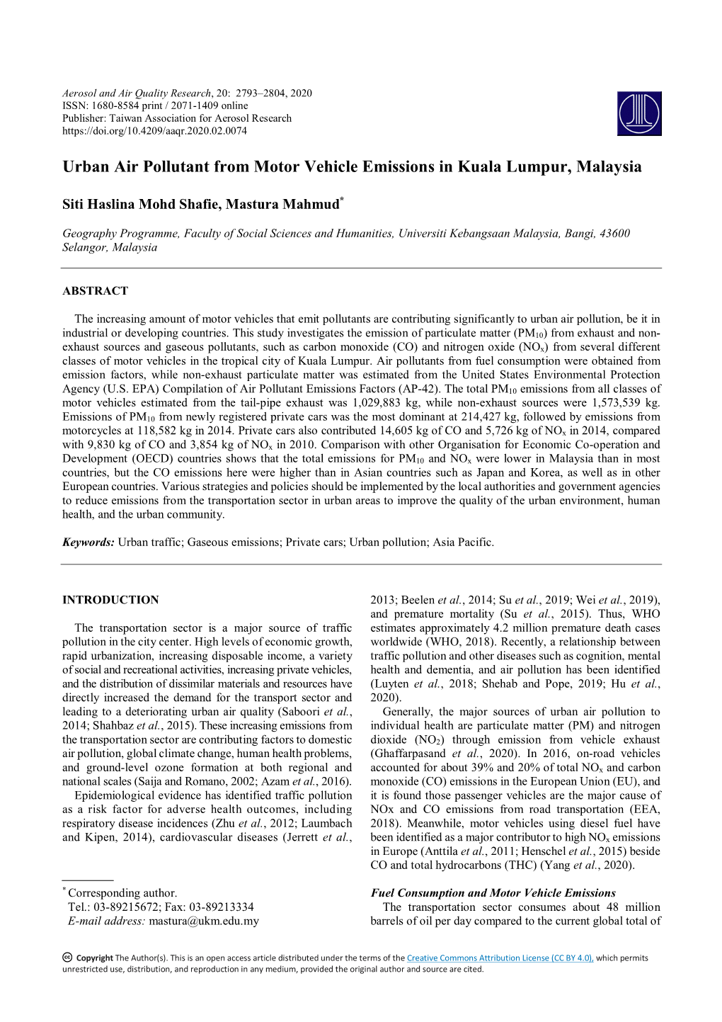 Urban Air Pollutant from Motor Vehicle Emissions in Kuala Lumpur, Malaysia