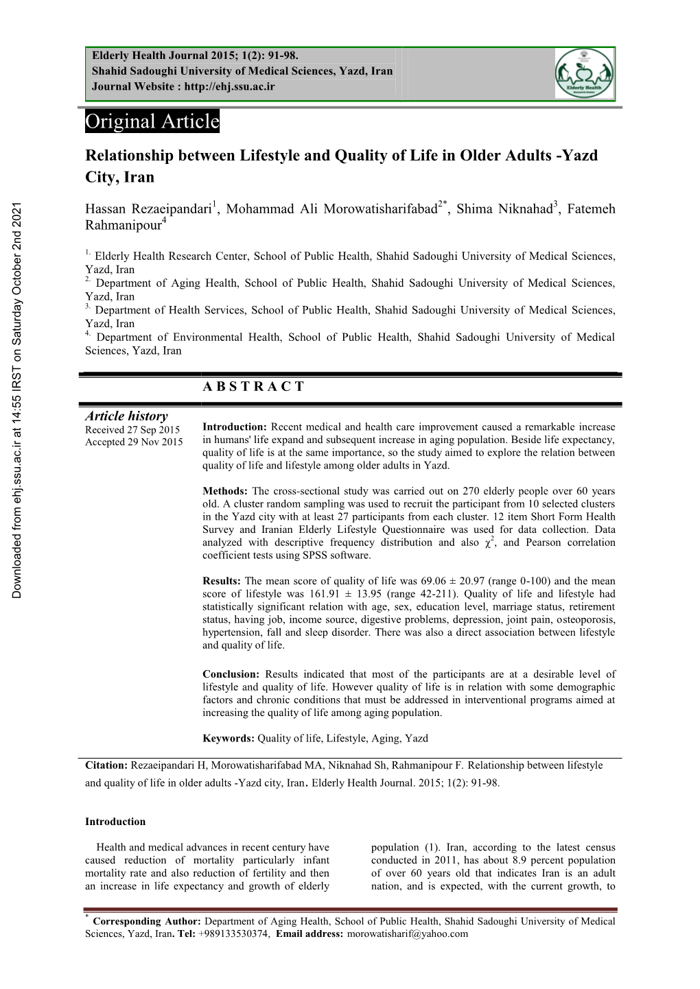 Relationship Between Lifestyle and Quality of Life in Older Adults Yazd