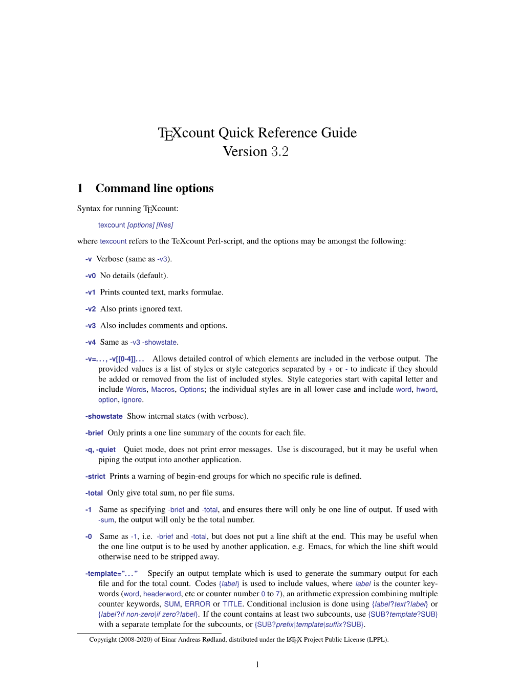 Texcount Quick Reference Guide Version 3.2