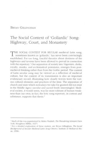 The Social Context of 'Goliardic' Song: Highway, Court, and Monastery