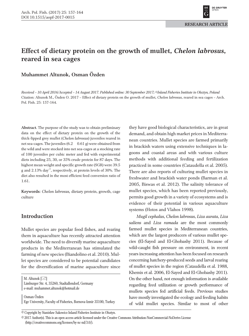 Effect of Dietary Protein on the Growth of Mullet, Chelon Labrosus, Reared in Sea Cages