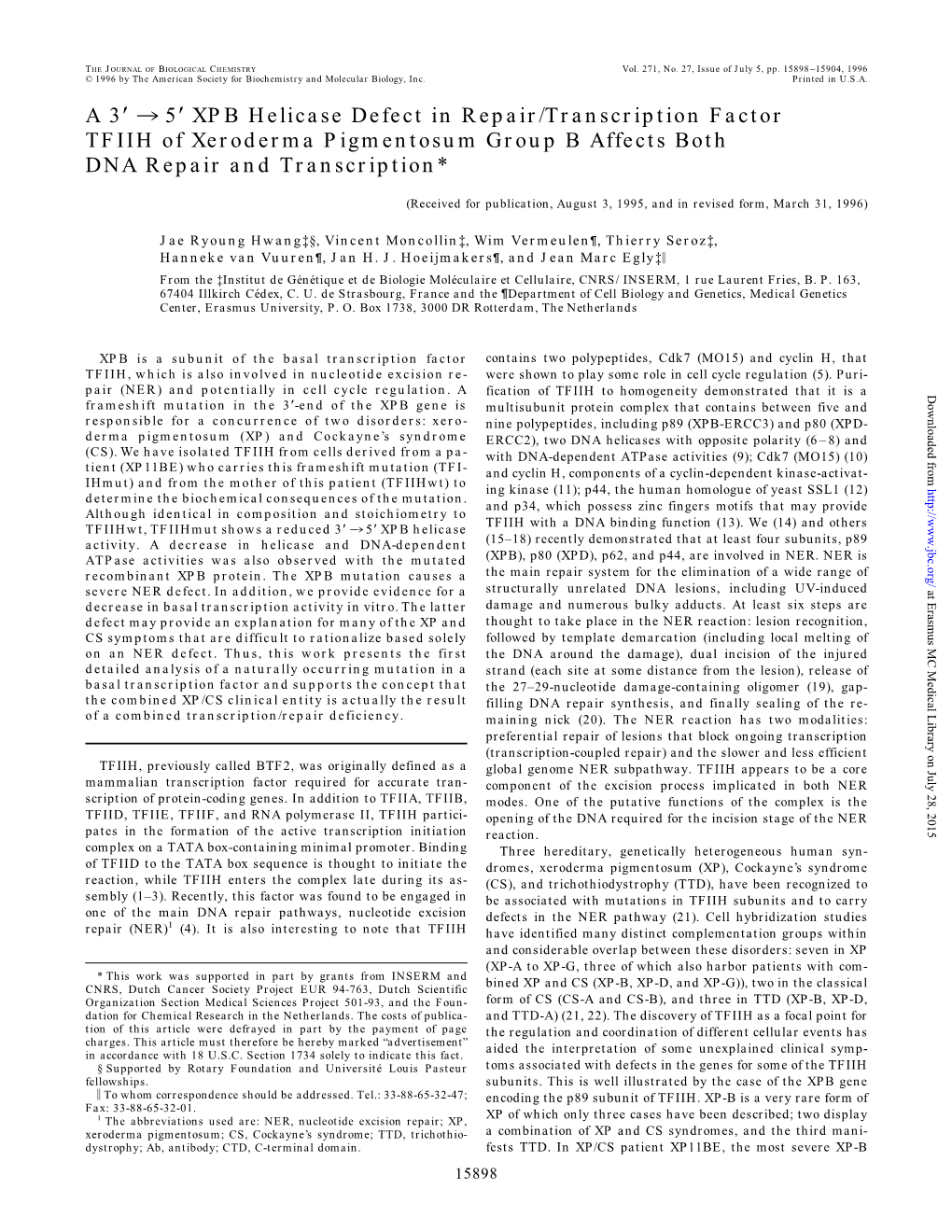 A 3 3 5 XPB Helicase Defect in Repair/Transcription Factor TFIIH Of