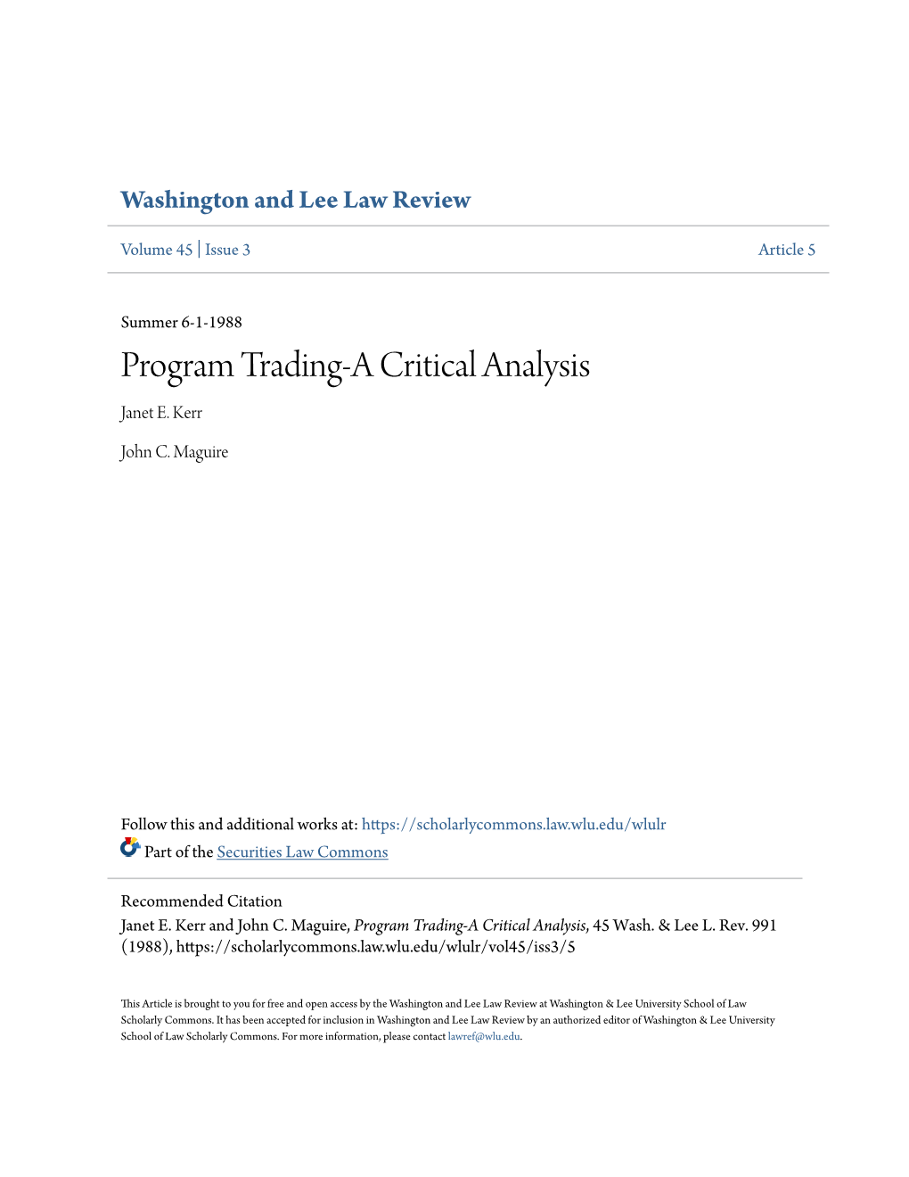 Program Trading-A Critical Analysis Janet E