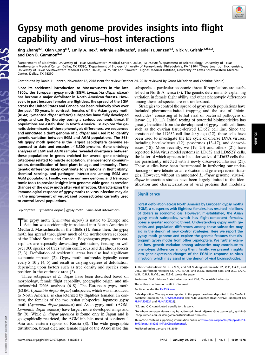 Gypsy Moth Genome Provides Insights Into Flight Capability and Virus–Host Interactions