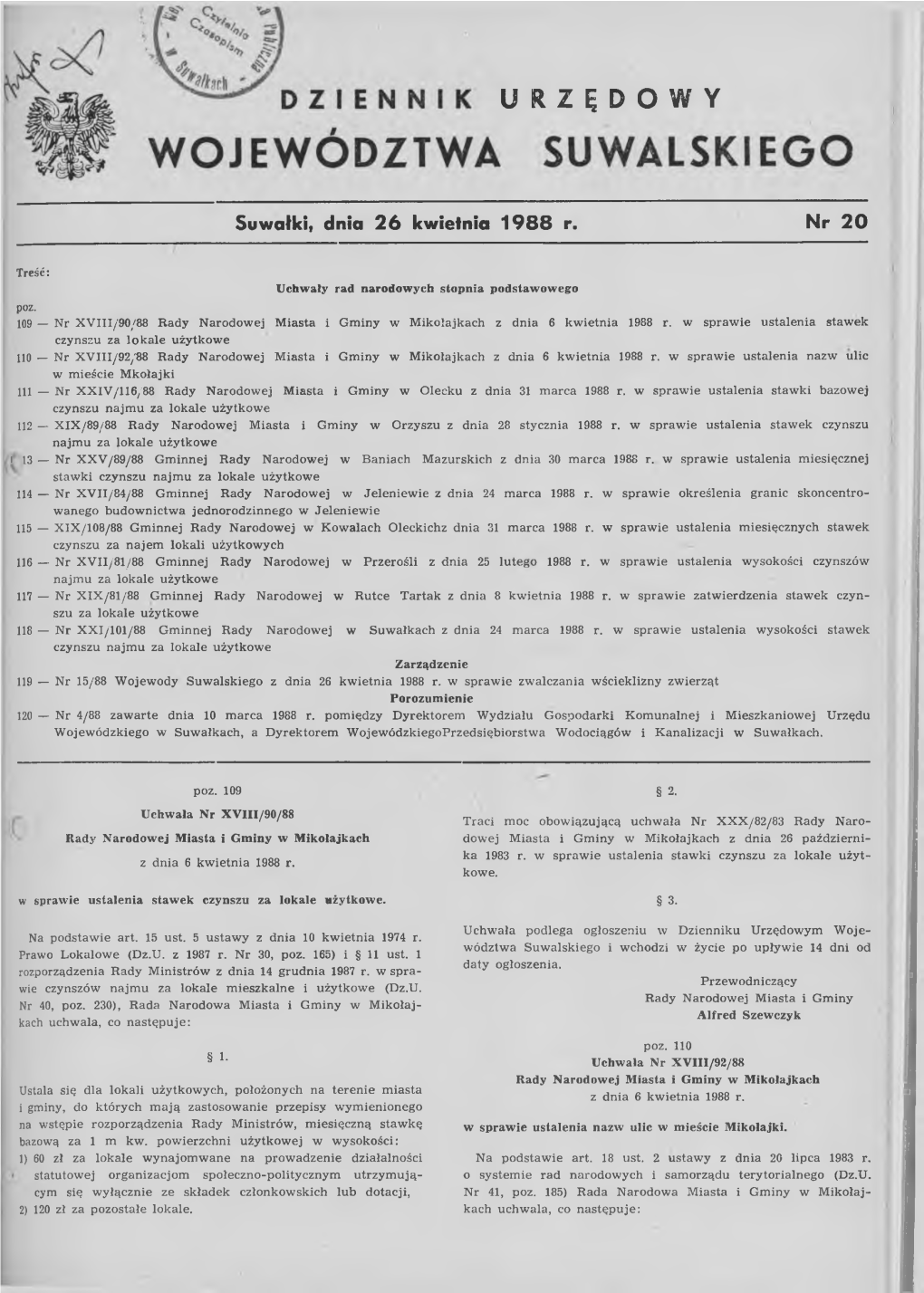 U R Z Ę D O W Y Suwałki, Dnia 26 Kwietnia 1988 R. Nr 20 Treść: Uchwały Rad Narodowych Stopnia Podstawowego Poz. 109 — Nr