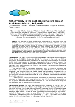 Fish Diversity in the East Coastal Waters Area of Aceh Besar District, Indonesia 1Thaib Rizwan, 2Taufik K