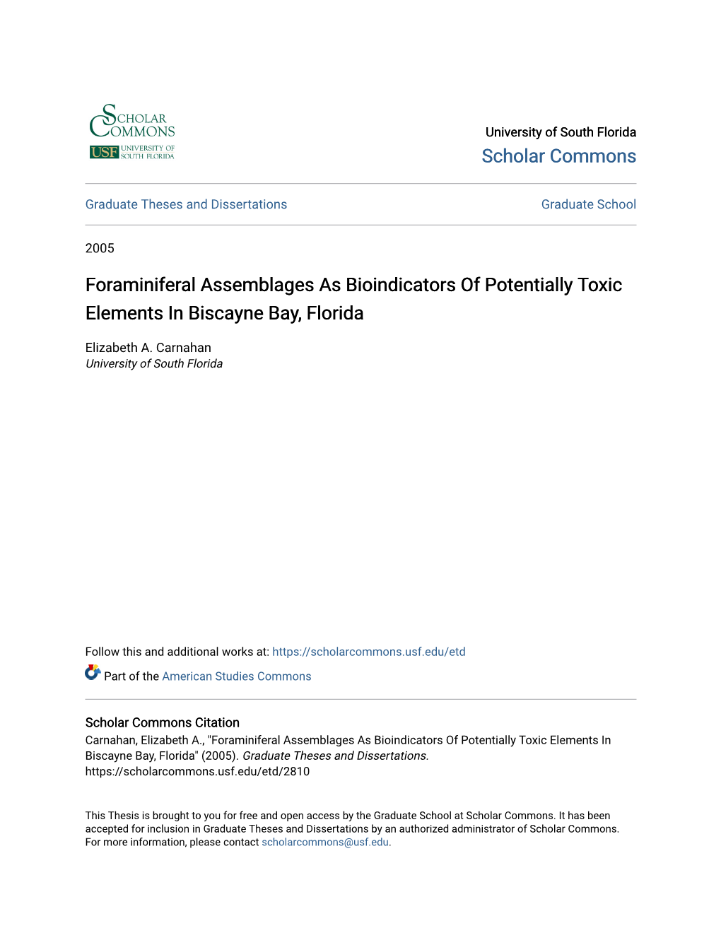 Foraminiferal Assemblages As Bioindicators of Potentially Toxic Elements in Biscayne Bay, Florida