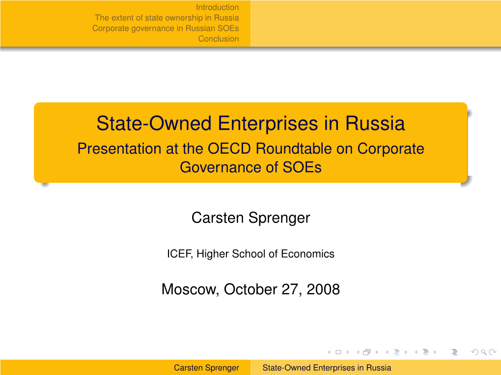 State-Owned Enterprises in Russia Presentation at the OECD Roundtable on Corporate Governance of Soes
