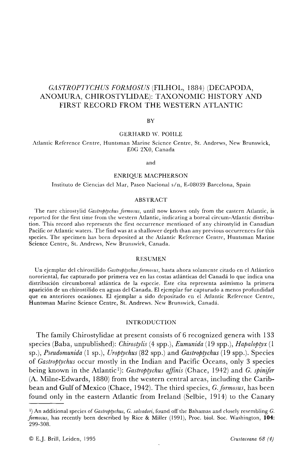 Gastroptychus Formosus (Filhol, 1884) (Decapoda, Anomura, Chirostylidae): Taxonomic History and First Record from the Western Atlantic