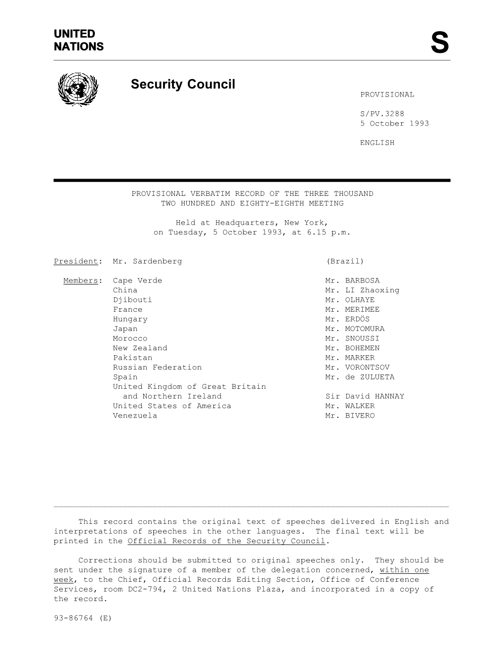 Security Council PROVISIONAL