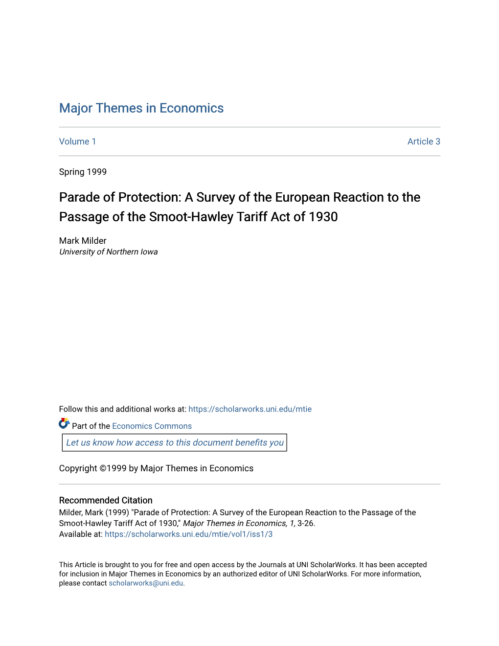 A Survey of the European Reaction to the Passage of the Smoot-Hawley Tariff Act of 1930