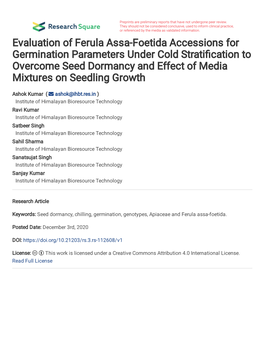 Evaluation of Ferula Assa-Foetida Accessions for Germination