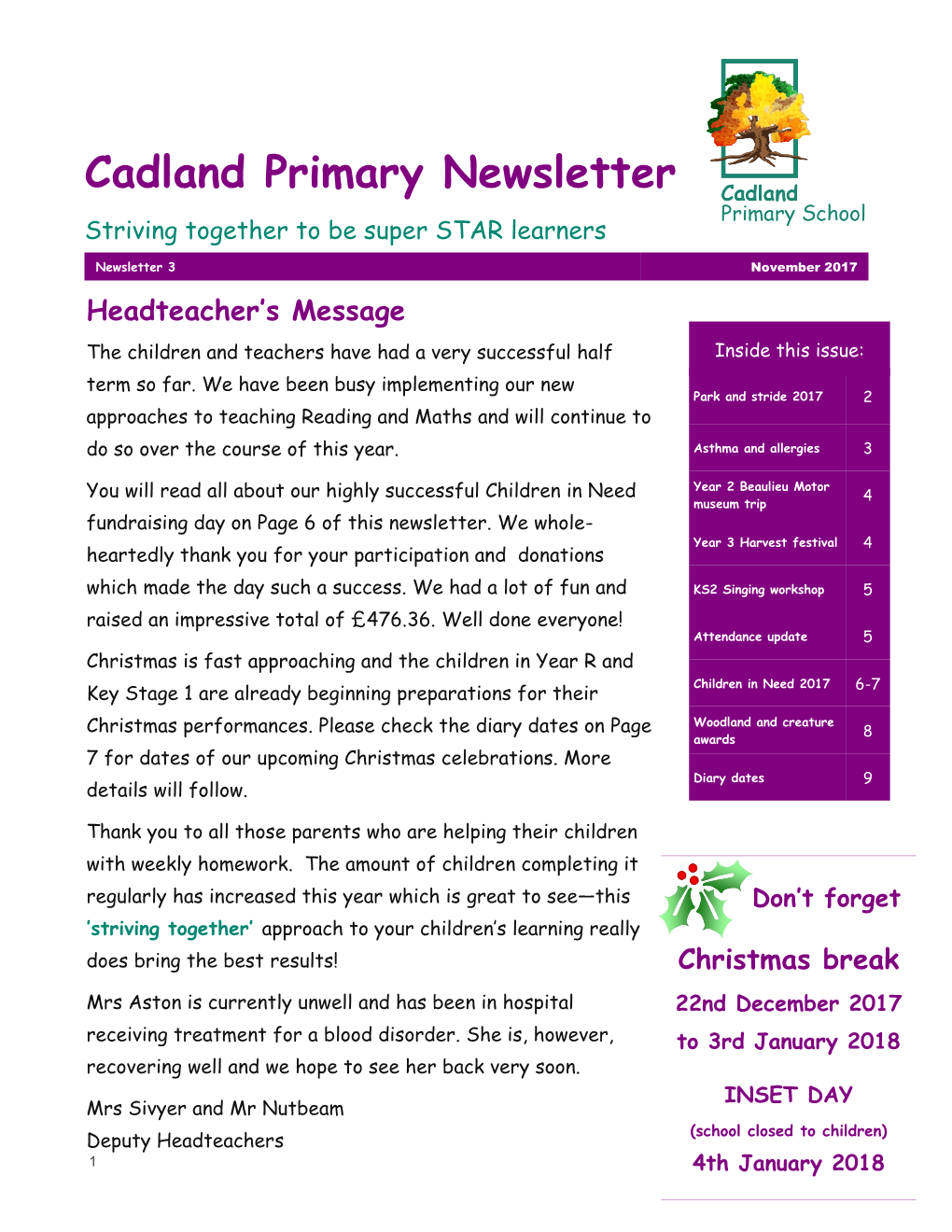 Cadland Primary Newsletter Striving Together to Be Super STAR Learners