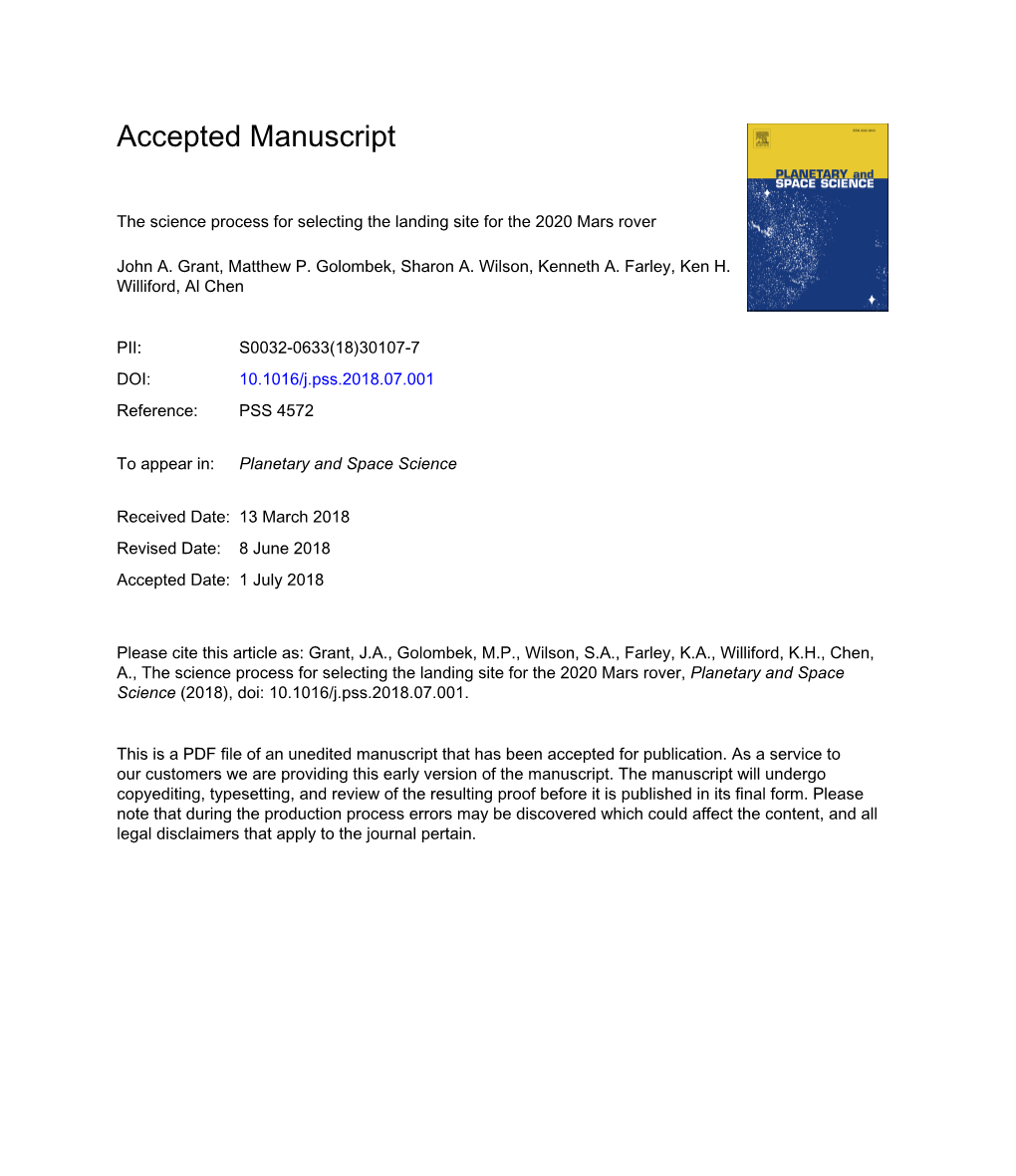 The Science Process for Selecting the Landing Site for the 2020 Mars Rover