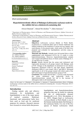 Hypocholesterolemic Effects of Balangu (Lallemantia Royleana) Seeds in the Rabbits Fed on a Cholesterol-Containing Diet