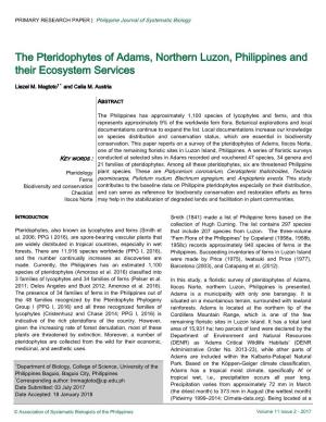 The Pteridophytes of Adams, Northern Luzon, Philippines and Their Ecosystem Services