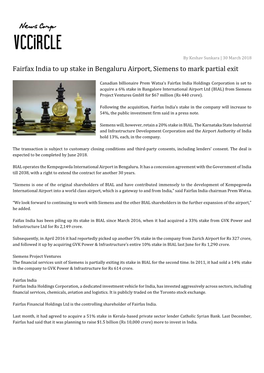 Fairfax India to up Stake in Bengaluru Airport, Siemens to Mark Partial Exit