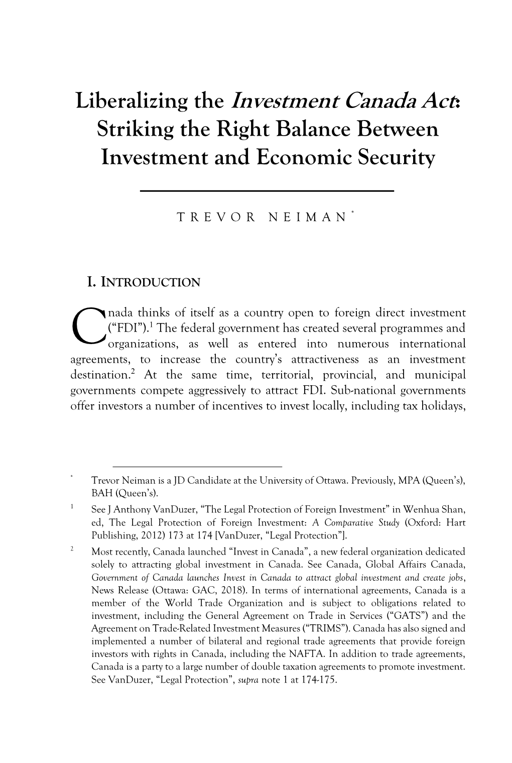 Liberalizing the Investment Canada Act: Striking the Right Balance Between Investment and Economic Security