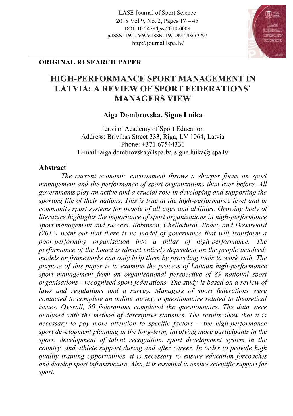 High-Performance Sport Management in Latvia: a Review of Sport Federations’ Managers View