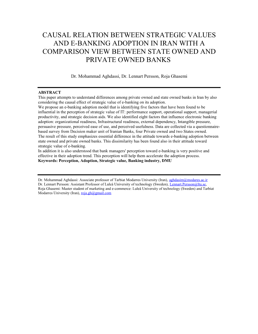 Association Between Strategic Values and E-Banking Adoption in Iranian Banks